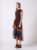 Sleevless A-Line Long Dress w/ Pleated Tulle Skirt DRESS Gracia Fashion 