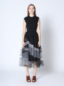 Sleevless A-Line Long Dress w/ Pleated Tulle Skirt DRESS Gracia Fashion BLACK S 