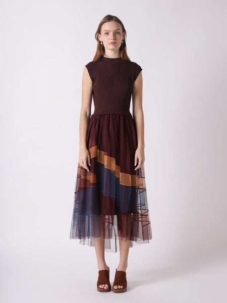 Sleevless A-Line Long Dress w/ Pleated Tulle Skirt – Gracia Fashion