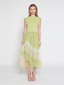 Sleevless A-Line Long Dress w/ Pleated Tulle Skirt DRESS Gracia Fashion LIGHT GREEN S 