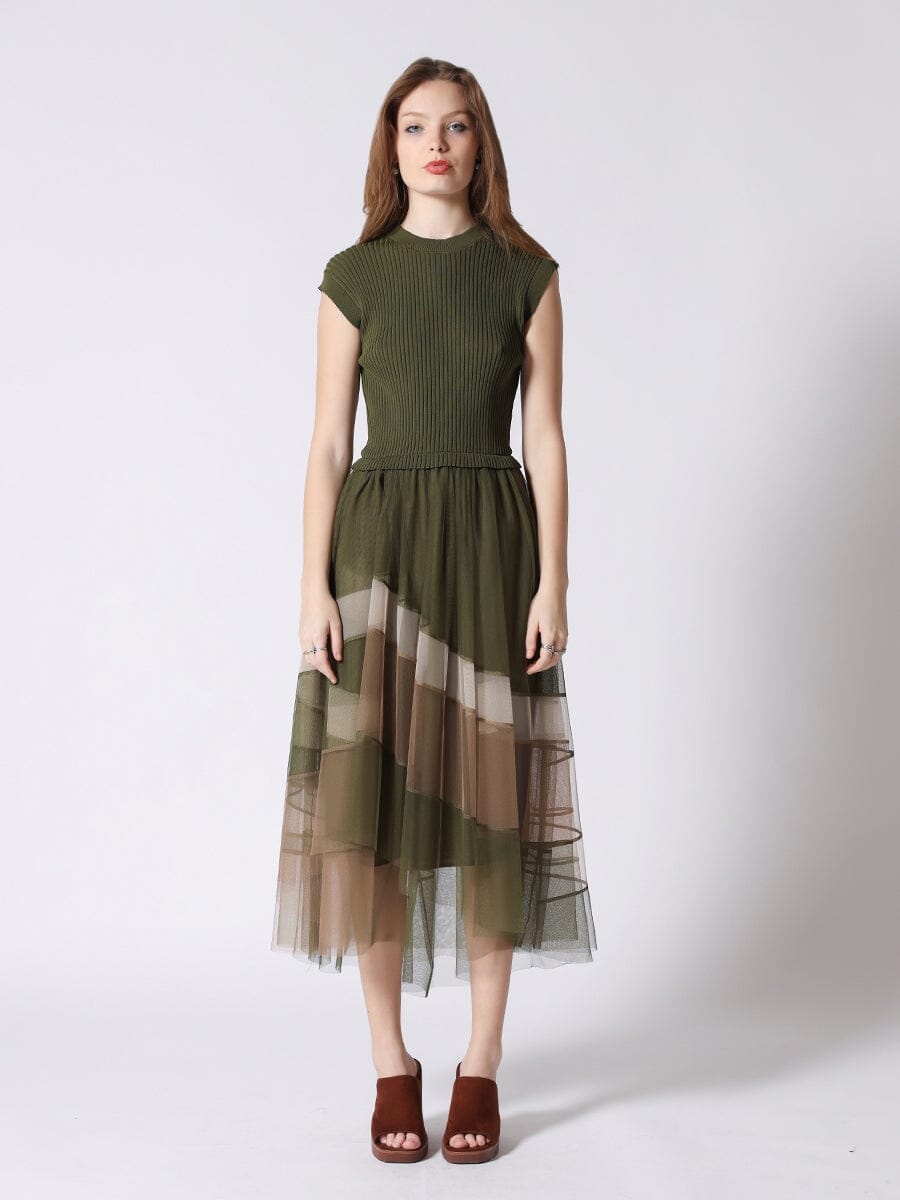 Sleevless A-Line Long Dress w/ Pleated Tulle Skirt DRESS Gracia Fashion OLIVE S 