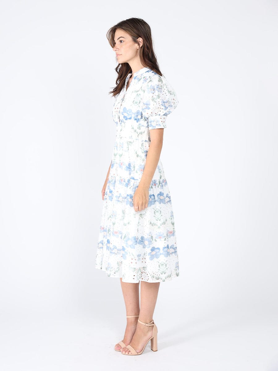 Smocked Waist Puff Sleeve Floral Eyelet Dress DRESS Gracia Fashion 