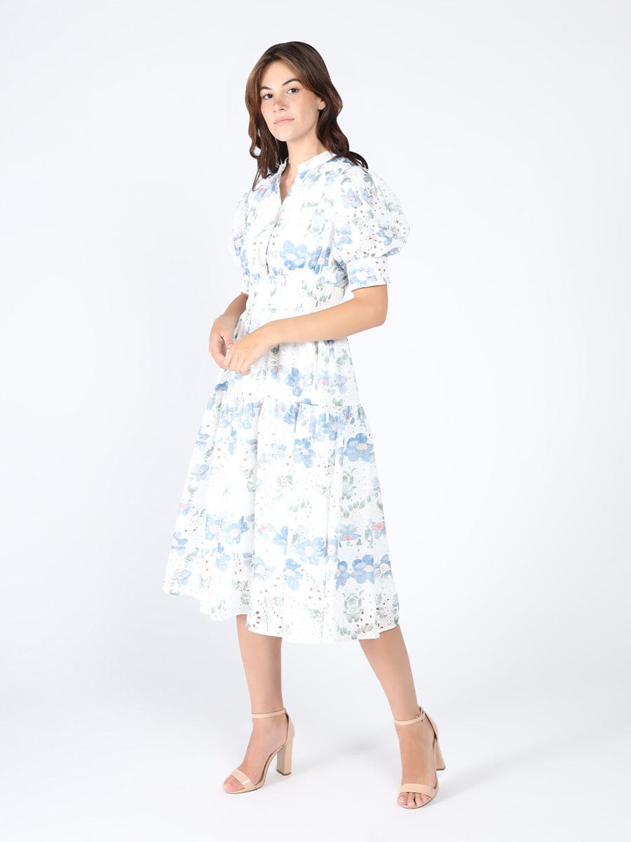 Smocked Waist Puff Sleeve Floral Eyelet Dress DRESS Gracia Fashion WHITE S 