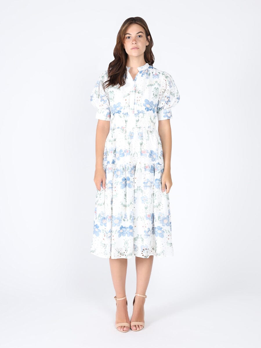 Smocked Waist Puff Sleeve Floral Eyelet Dress DRESS Gracia Fashion WHITE S 