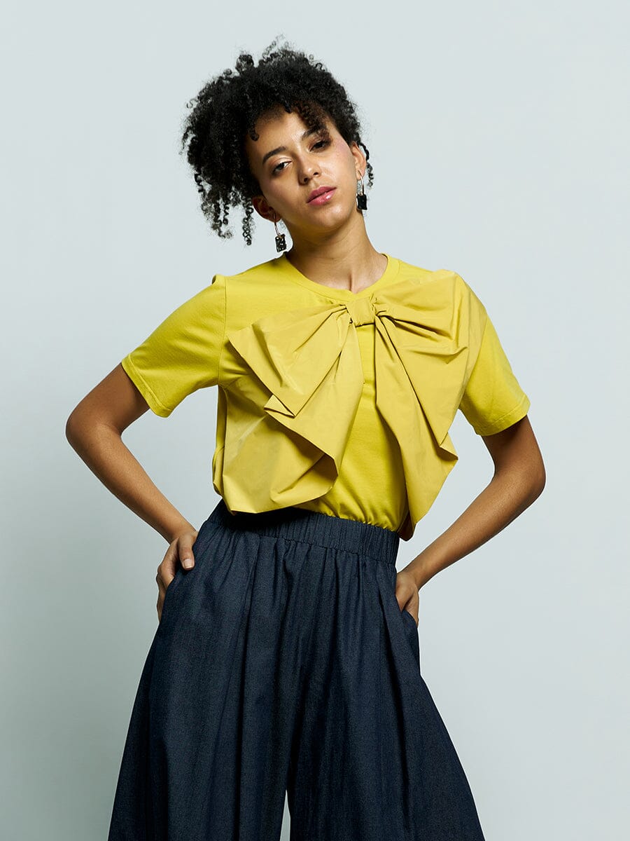 Solid Color Bow Front Ruffle T-Shirt TOP Gracia Fashion MUSTARD S 