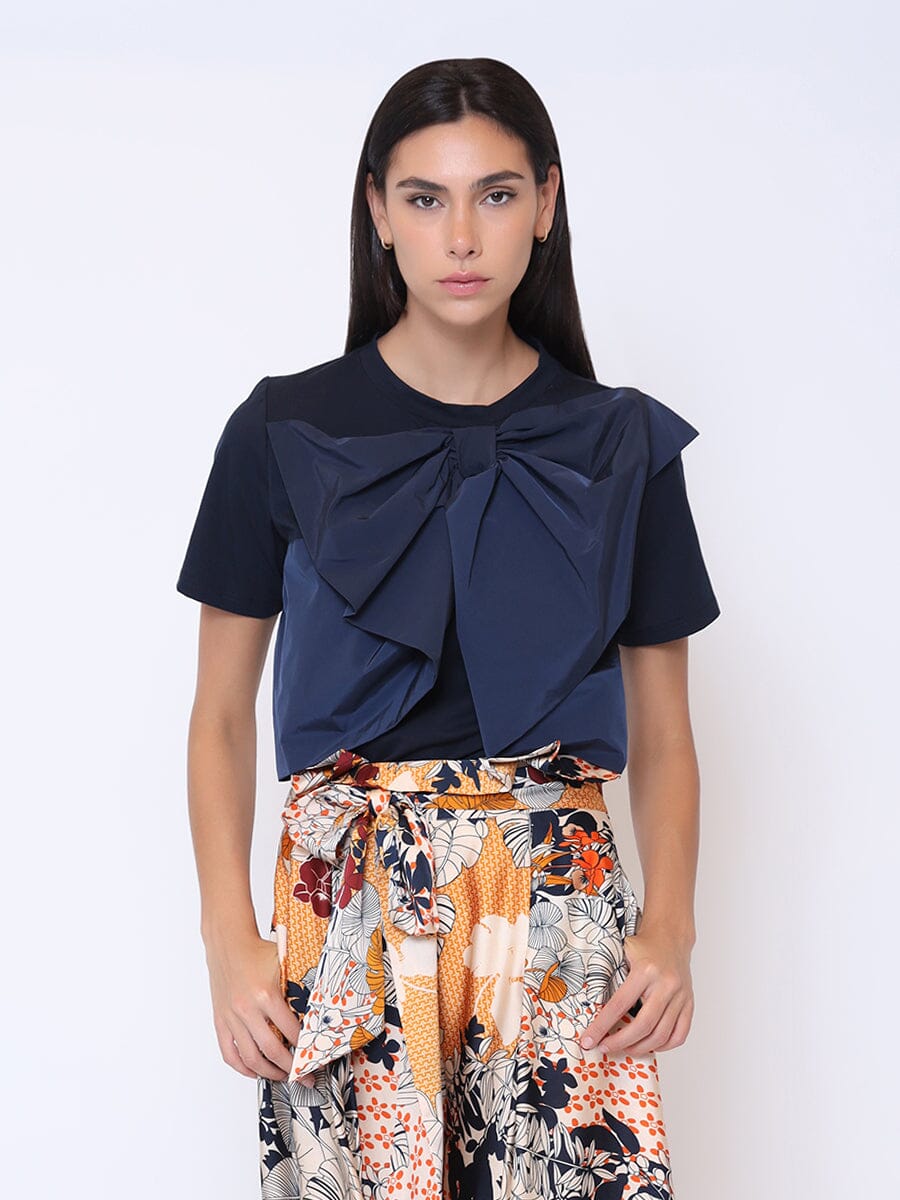 Solid Color Bow Front Ruffle T-Shirt TOP Gracia Fashion NAVY S 