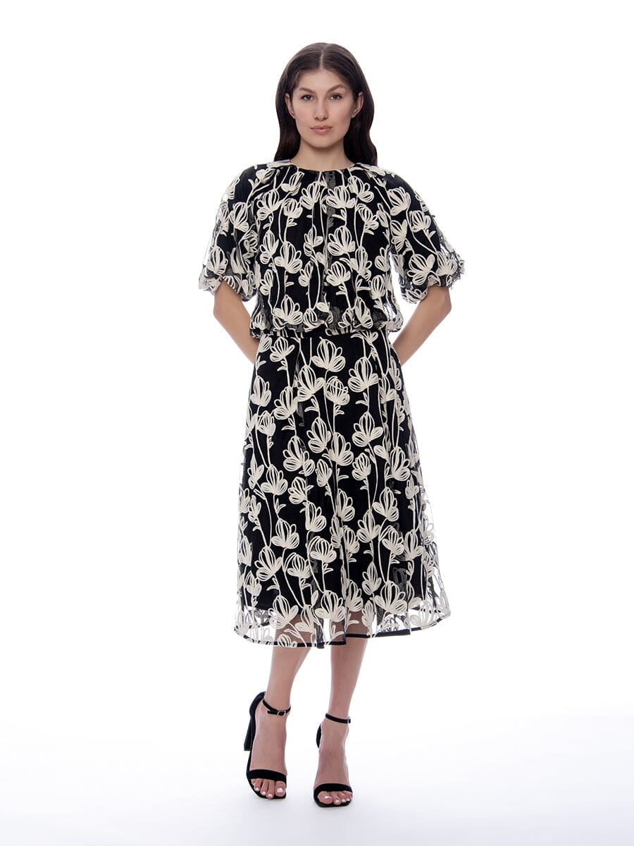 Solid Color Embroidered Lace Puff Sleeve Blouse TOP Gracia Fashion BLACK S 