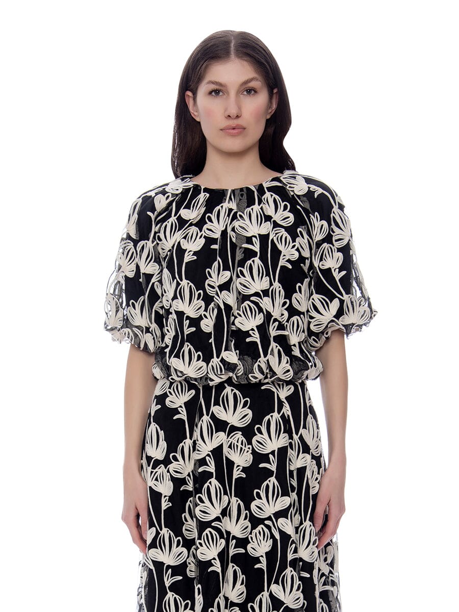 Solid Color Embroidered Lace Puff Sleeve Blouse TOP Gracia Fashion BLACK S 