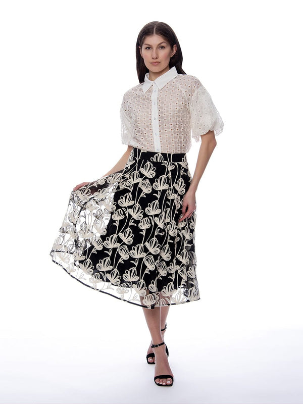 Solid Color Floral Embroidered A-Line Skirt - Gracia Fashion