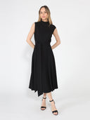 Solid Color Front Tie Belt Mock Neck Dress DRESS Gracia Fashion 