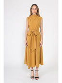 Solid Color Front Tie Belt Mock Neck Dress DRESS Gracia Fashion MUSTARD S 