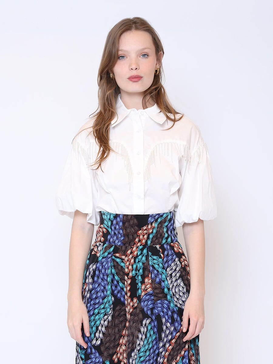 Solid Color Pearl Fringed Puff Sleeve Shirt TOP Gracia Fashion WHITE S 