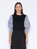 Solid Color T-Shirt with Long Striped Puff Sleeve TOP Gracia Fashion BLACK/BLUE S 