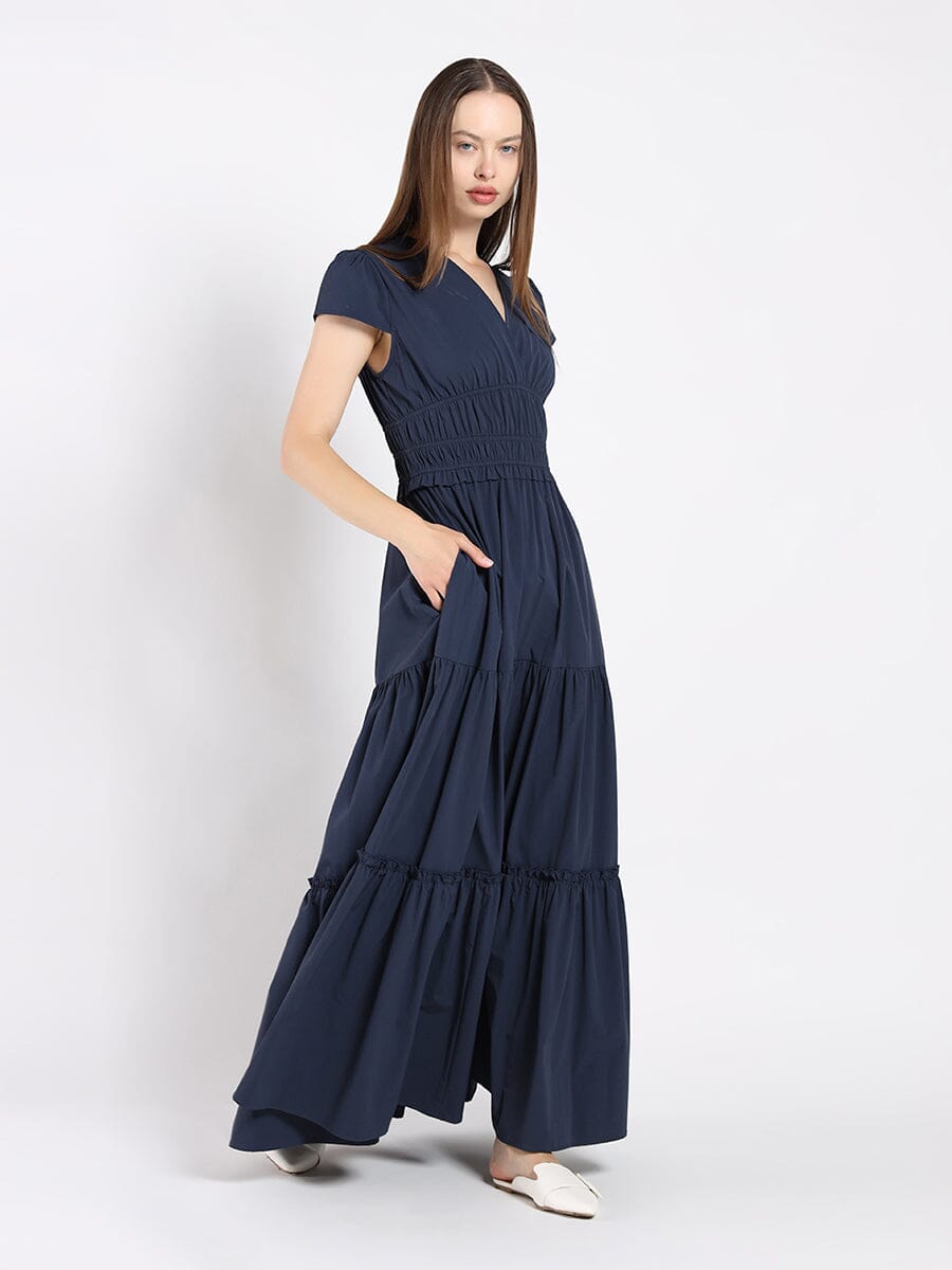 Solid Color V-Neck Smoked Waist Cap Sleeve Dress DRESS Gracia Fashion NAVY S 