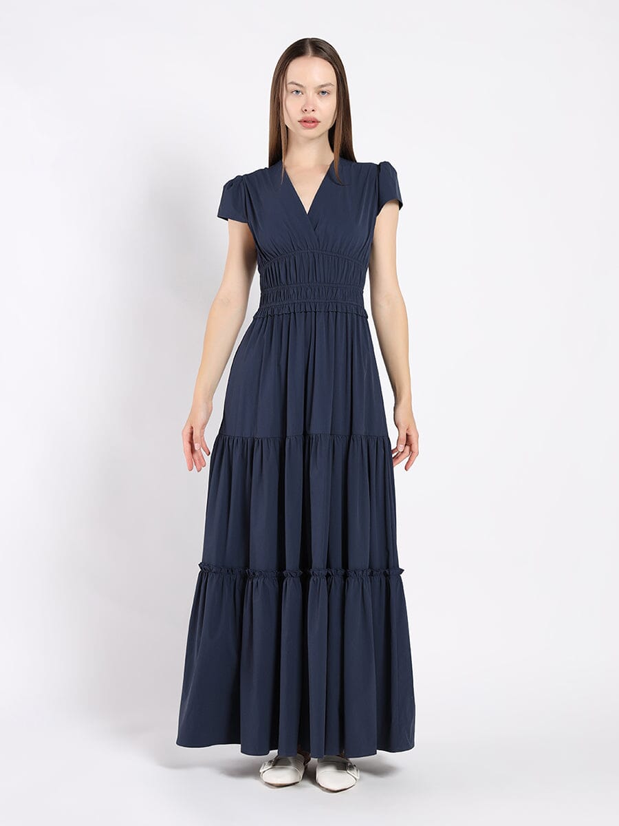 Solid Color V-Neck Smoked Waist Cap Sleeve Dress DRESS Gracia Fashion NAVY S 