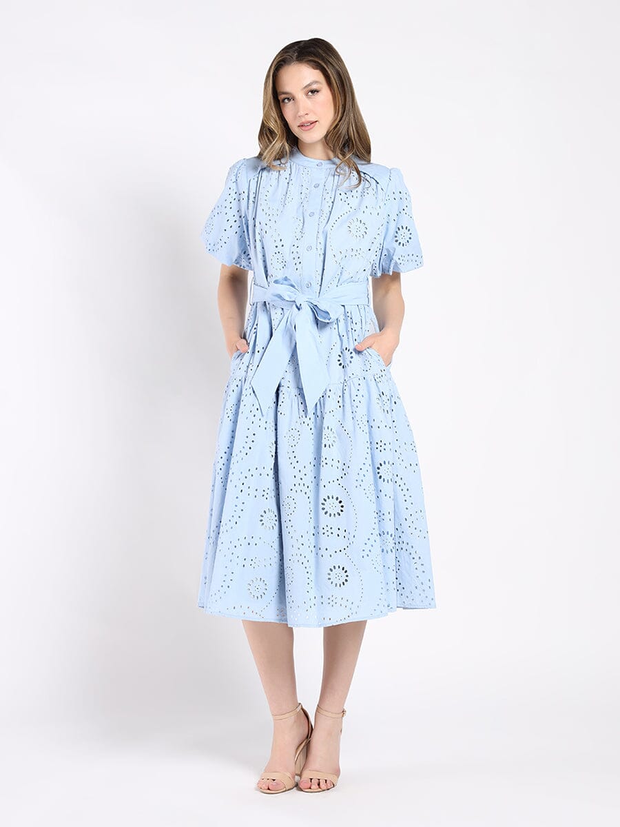 Solid Lace A-Line Dress with Balloon Sleeves DRESS Gracia Fashion BLUE S 