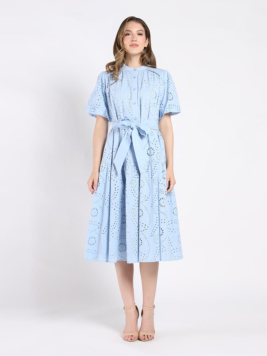 Solid Lace A-Line Dress with Balloon Sleeves DRESS Gracia Fashion BLUE S 