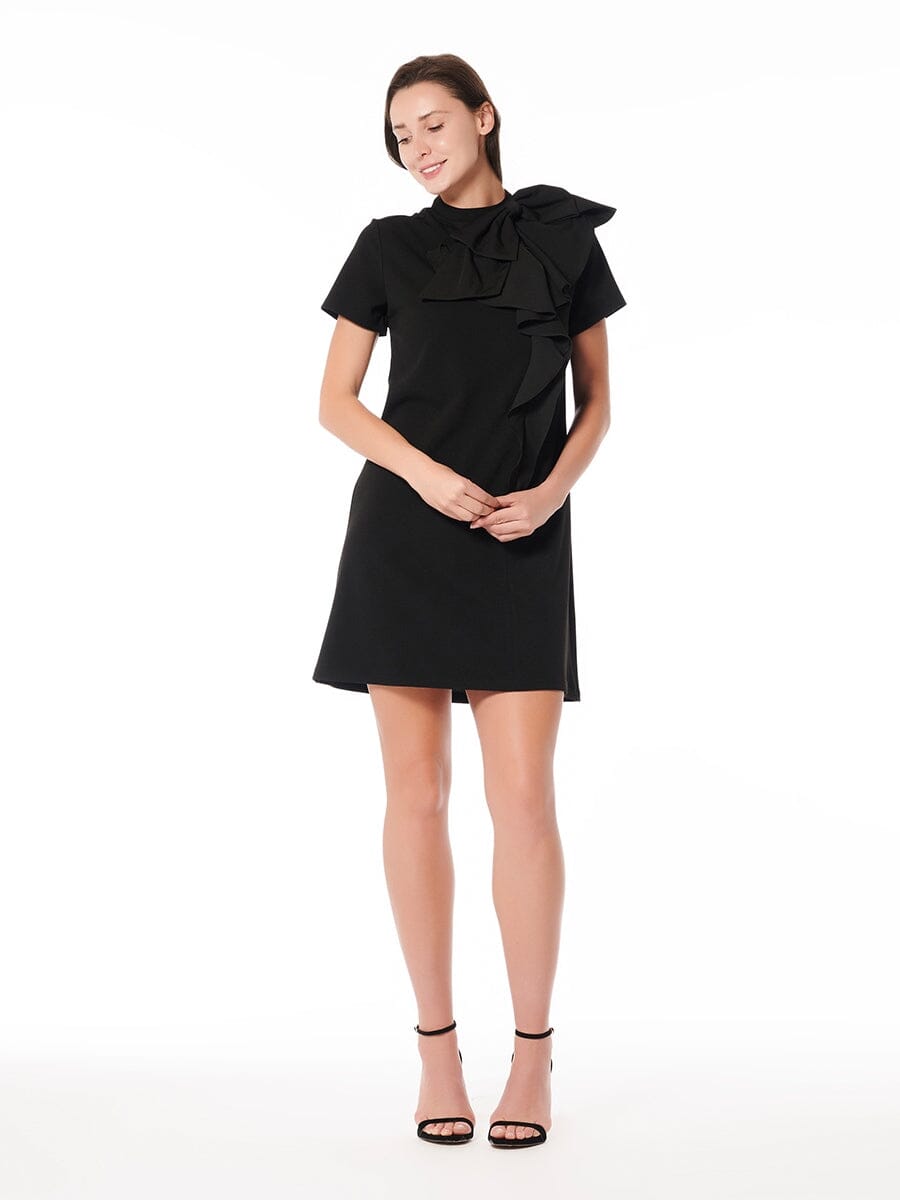 Solid Shift Dress with Big Shoulder Bow & Ruffles DRESS Gracia Fashion BLACK S 