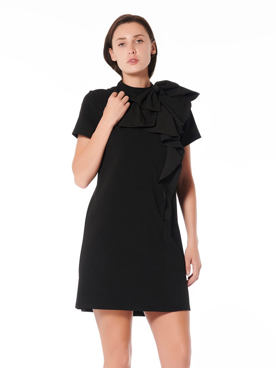Solid Shift Dress with Big Shoulder Bow & Ruffles DRESS Gracia Fashion BLACK S 