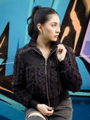 Spangle Yoke High-Neck Shearing Jacket JACKET Gracia Fashion BLACK S 