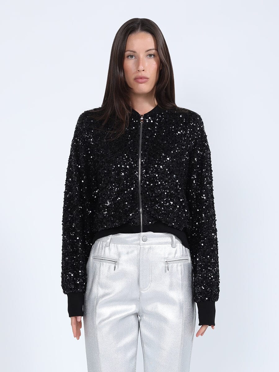 Sparkling Sequin Zip-Up Bomber Jacket JACKET Gracia Fashion BLACK S 