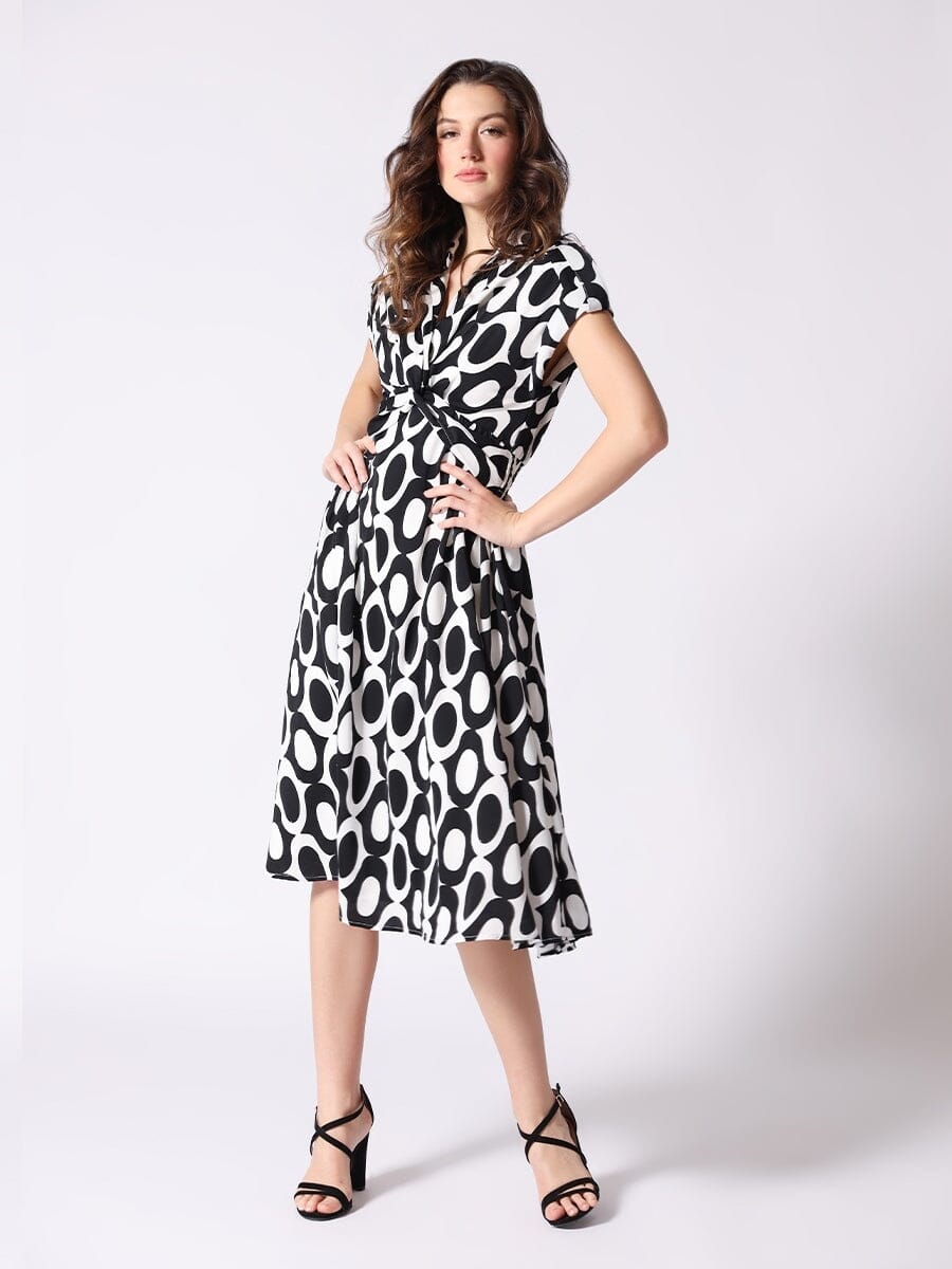 Spot Print Front Wrap Twist Design Midi Dress DRESS Gracia Fashion WHITE/BLACK S 