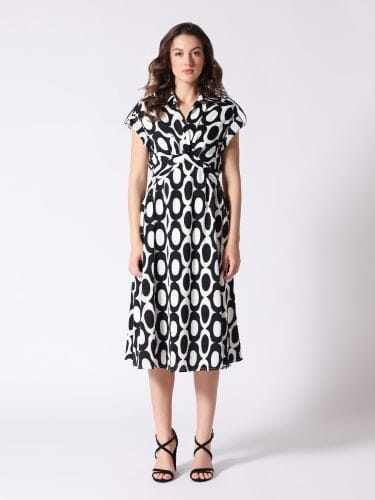 Spot Print Front Wrap Twist Design Midi Dress DRESS Gracia Fashion WHITE/BLACK S 
