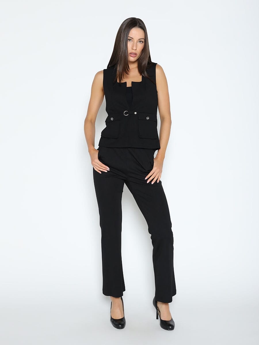 Square Neck Flap Pocket Vest Jacket TOP Gracia Fashion BLACK S 