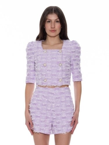 Square Neck Fuzzy Fringe Cropped Jacket SET Gracia Fashion LAVENDER S 