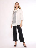 Square Print 3/4 Sleeve Unbalance Top TOP Gracia Fashion WHITE/NAVY S 