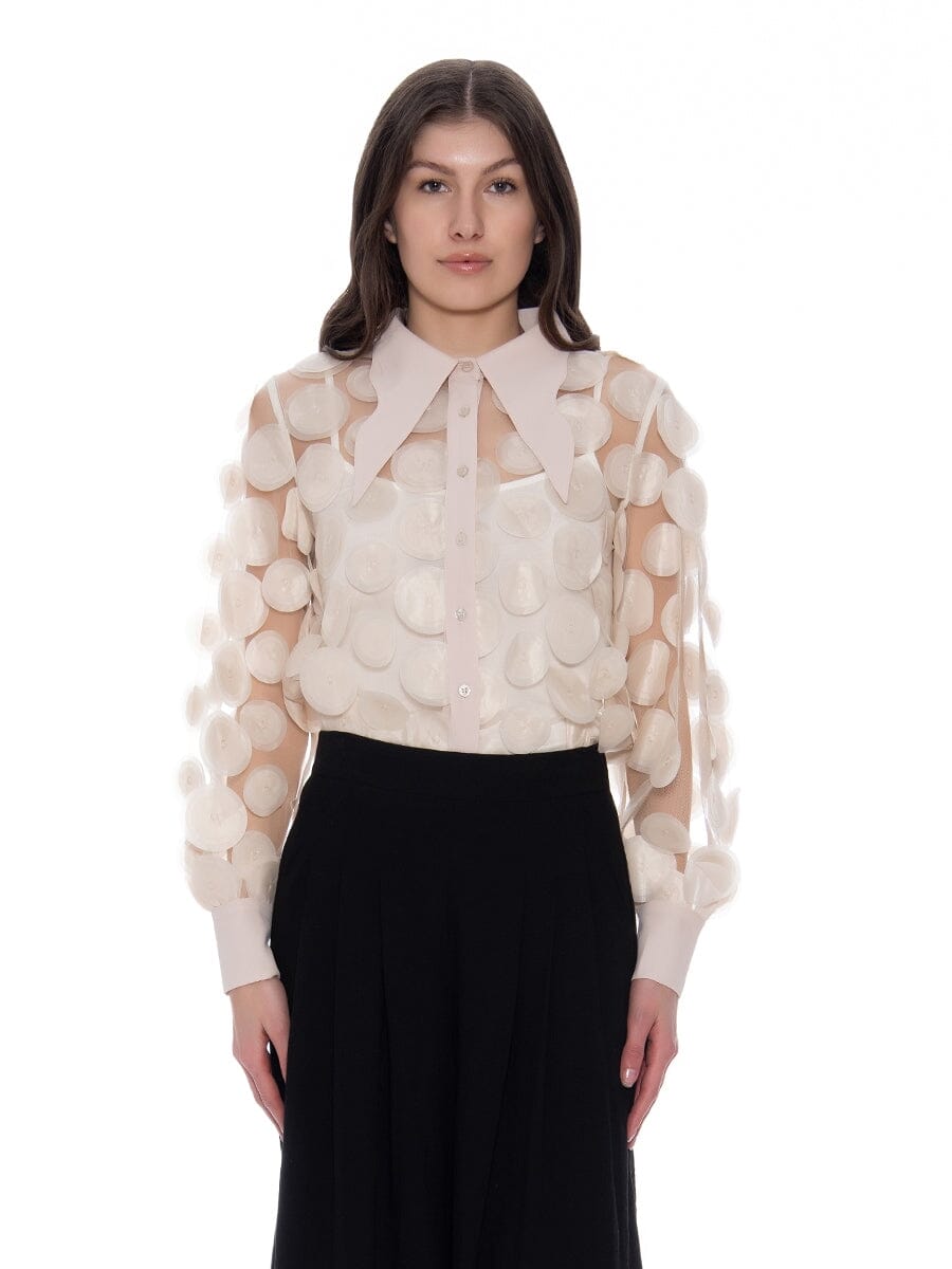 Statement Collar Puff Sleeve Button Down Top TOP Gracia Fashion BEIGE S 