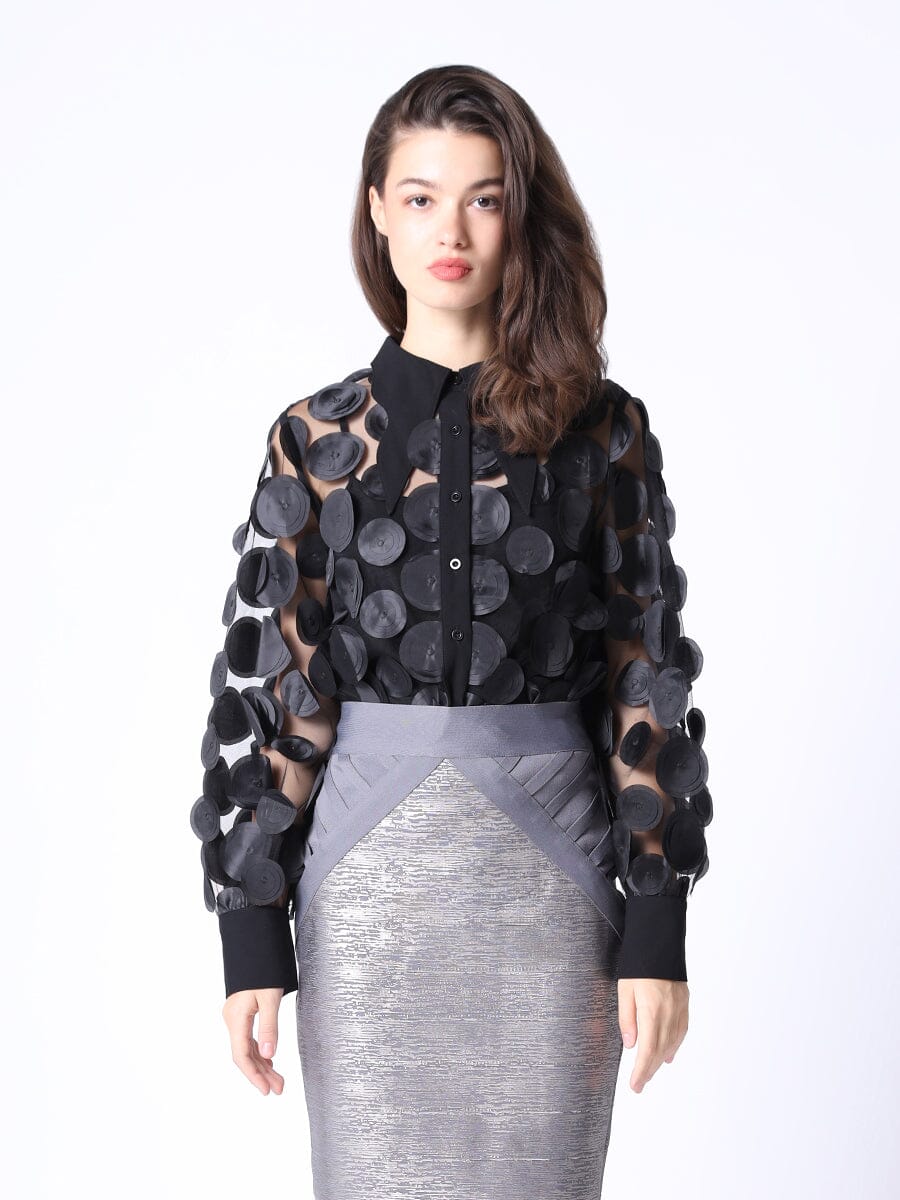 Statement Collar Puff Sleeve Button Down Top TOP Gracia Fashion BLACK S 