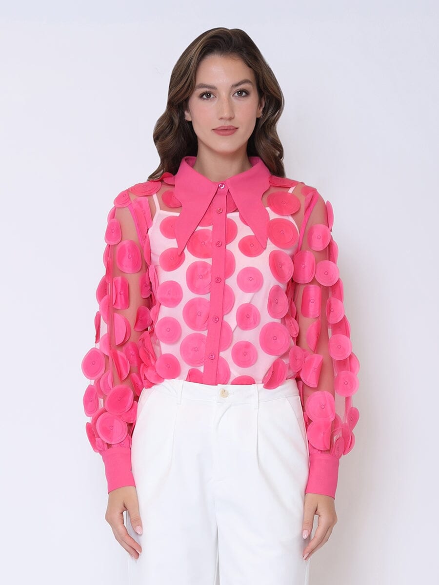 Statement Collar Puff Sleeve Button Down Top TOP Gracia Fashion FUSHIA S 
