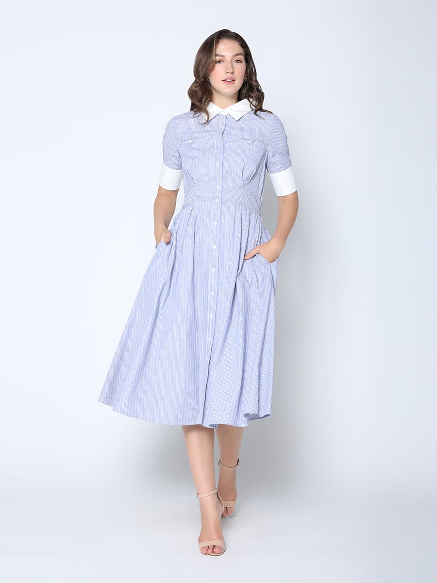 Stripe Contrast Trim Button-Down Midi Dress DRESS Gracia Fashion BLUE S 