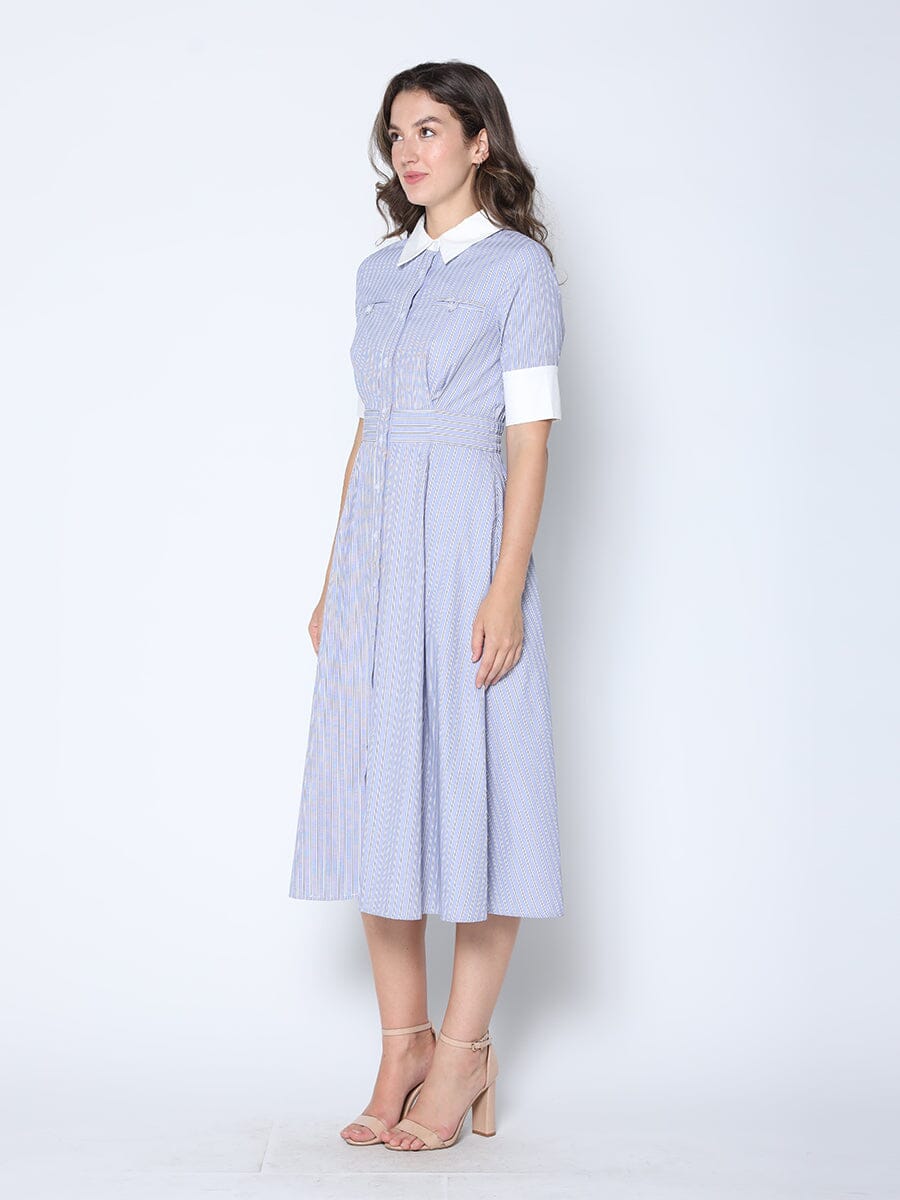 Stripe Contrast Trim Button-Down Midi Dress DRESS Gracia Fashion 