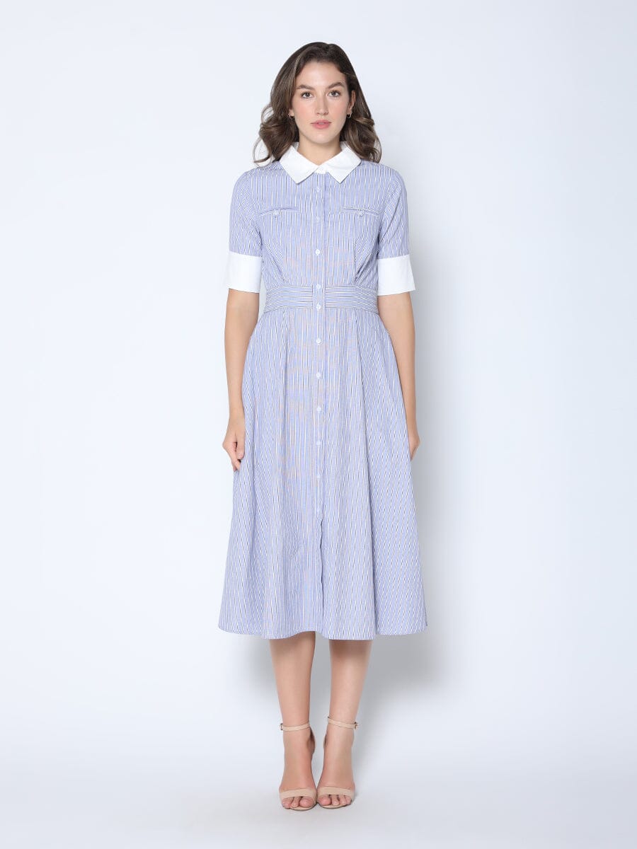 Stripe Contrast Trim Button-Down Midi Dress DRESS Gracia Fashion BLUE S 