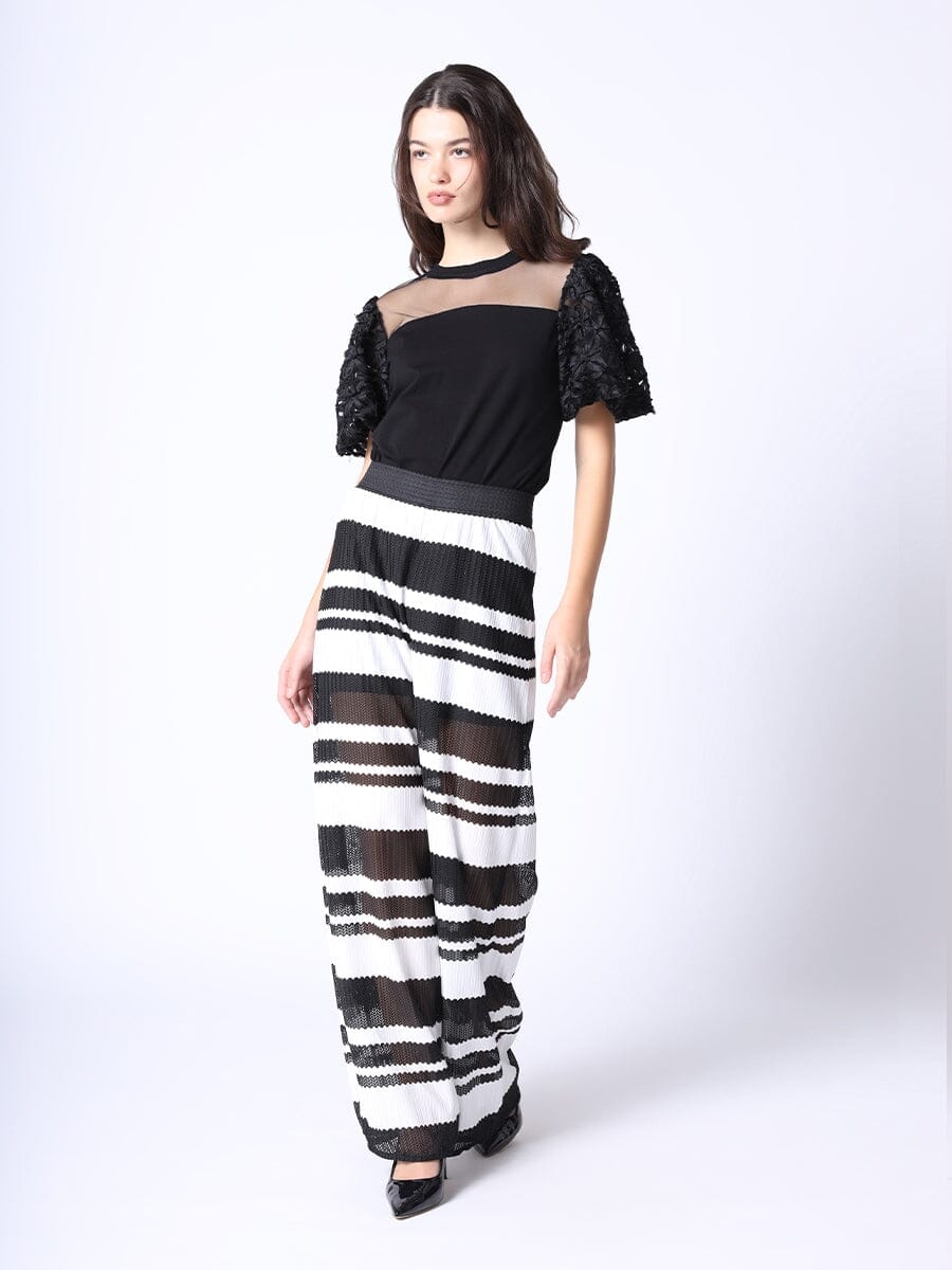 Stripe Lace Sheer Long Pants PANTS Gracia Fashion BLACK/WHITE S 