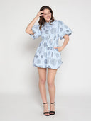 Striped Puff-Sleeve Floral Mini Dress DRESS Gracia Fashion 