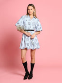 Striped Puff-Sleeve Floral Mini Dress DRESS Gracia Fashion BLUE S 