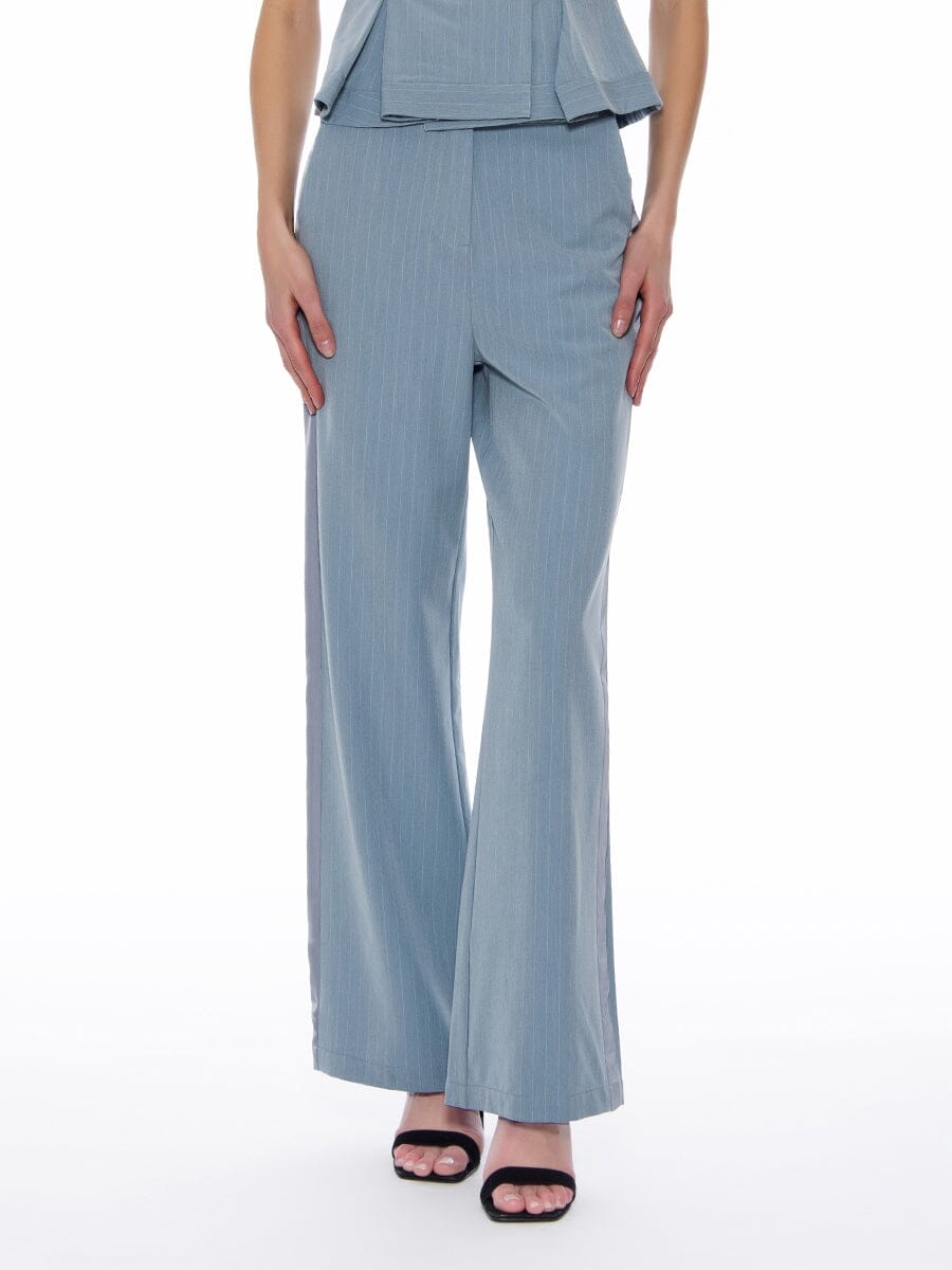 Striped Suit Wide Pants with Silver Line Detail PANTS Gracia Fashion L/BLUE S 