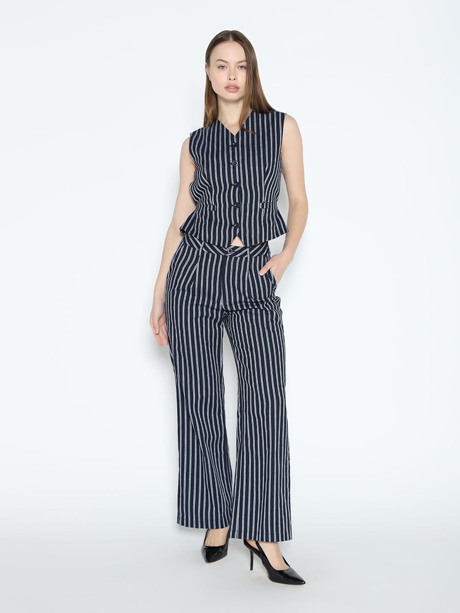 Striped V-Neck Button Down Westcoat VEST Gracia Fashion NAVY S 