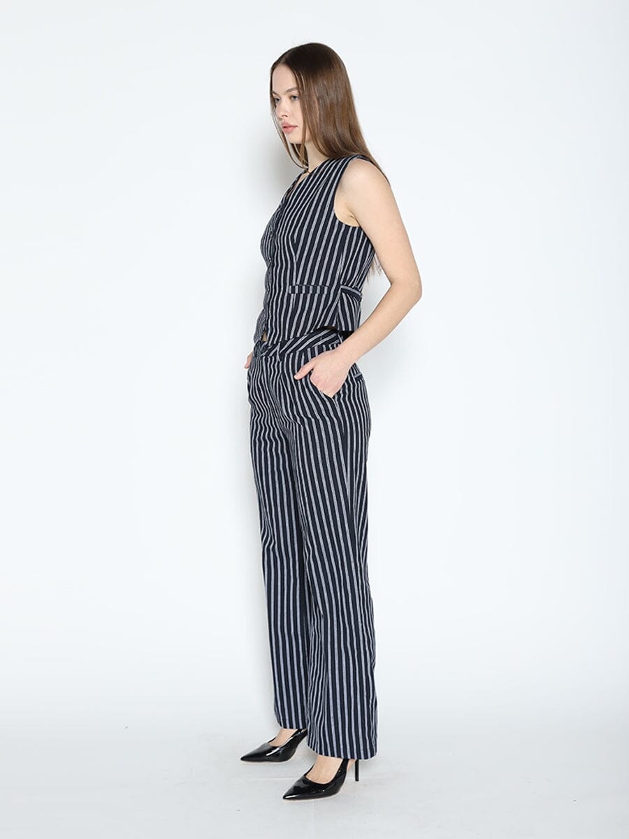 Striped V-Neck Button Down Westcoat VEST Gracia Fashion 