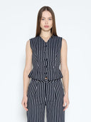 Striped V-Neck Button Down Westcoat VEST Gracia Fashion NAVY S 