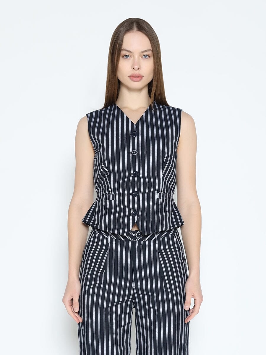 Striped V-Neck Button Down Westcoat VEST Gracia Fashion NAVY S 