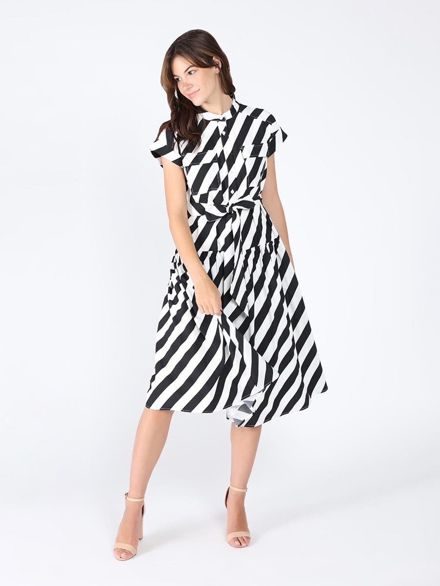 Stripped front pockets belt dress DRESS Gracia Fashion BLACK/WHITE S 
