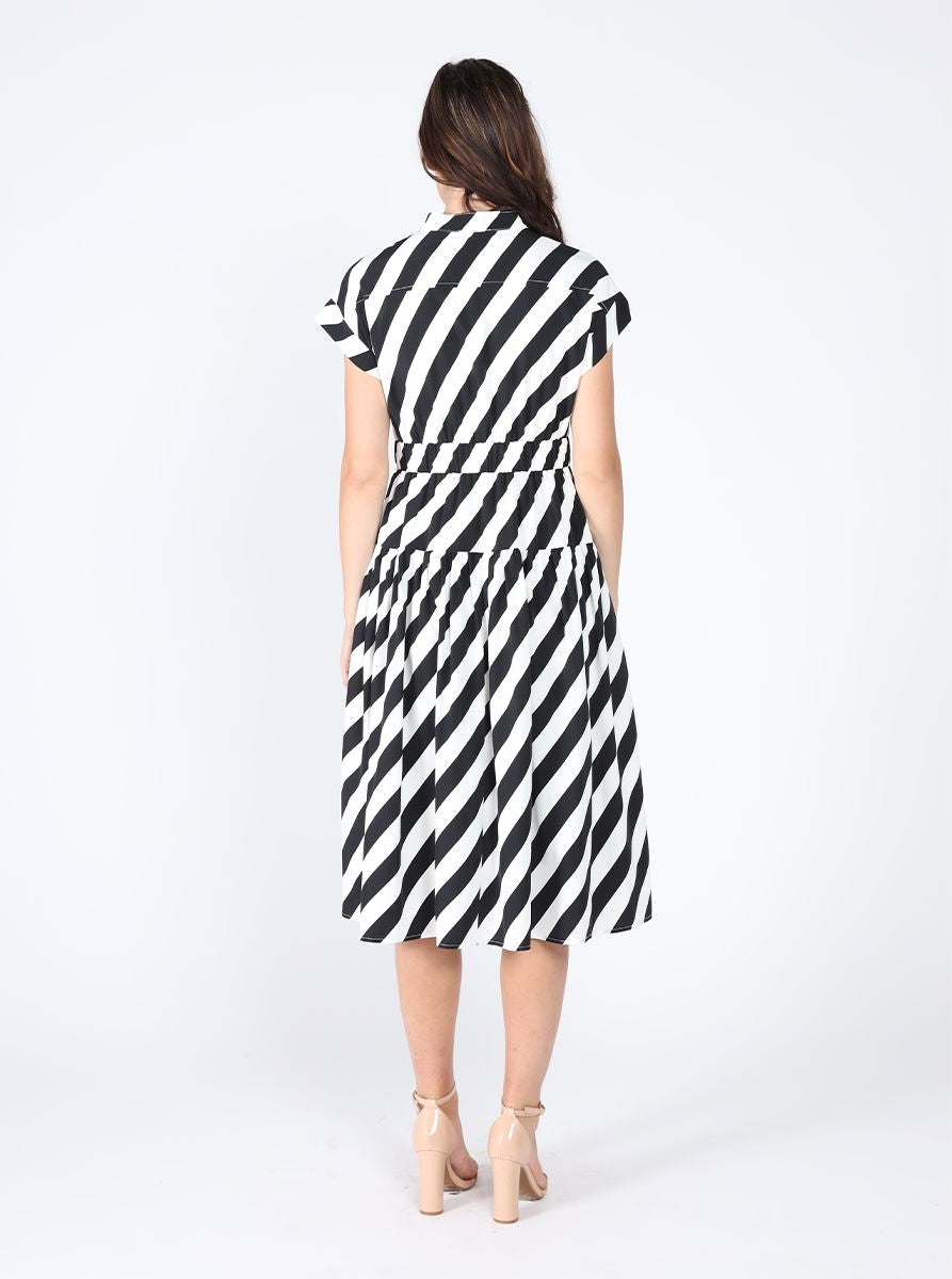 Stripped front pockets belt dress DRESS Gracia Fashion 