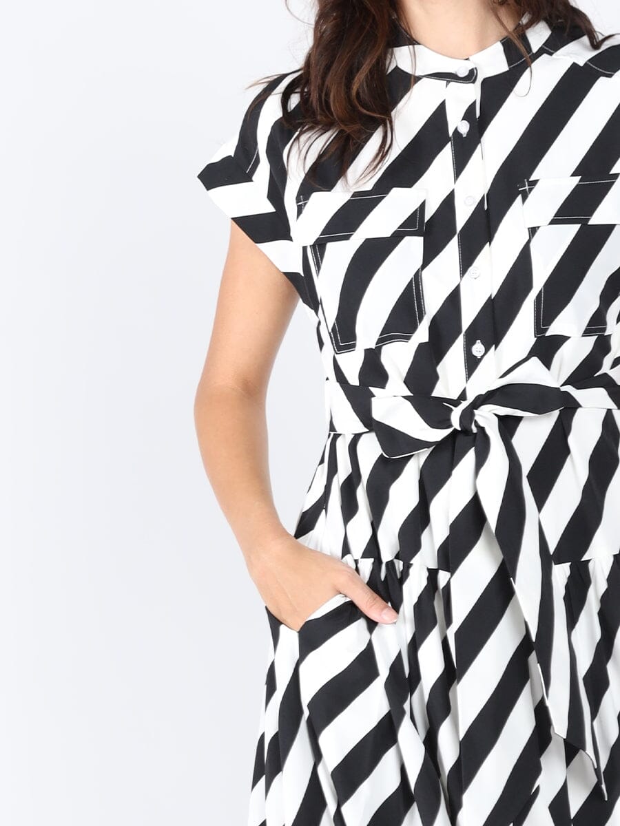 Stripped front pockets belt dress DRESS Gracia Fashion 