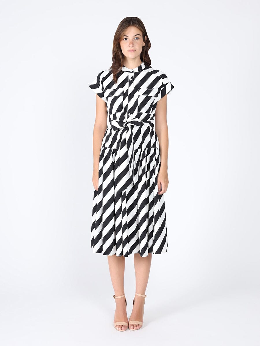 Stripped front pockets belt dress DRESS Gracia Fashion BLACK/WHITE S 