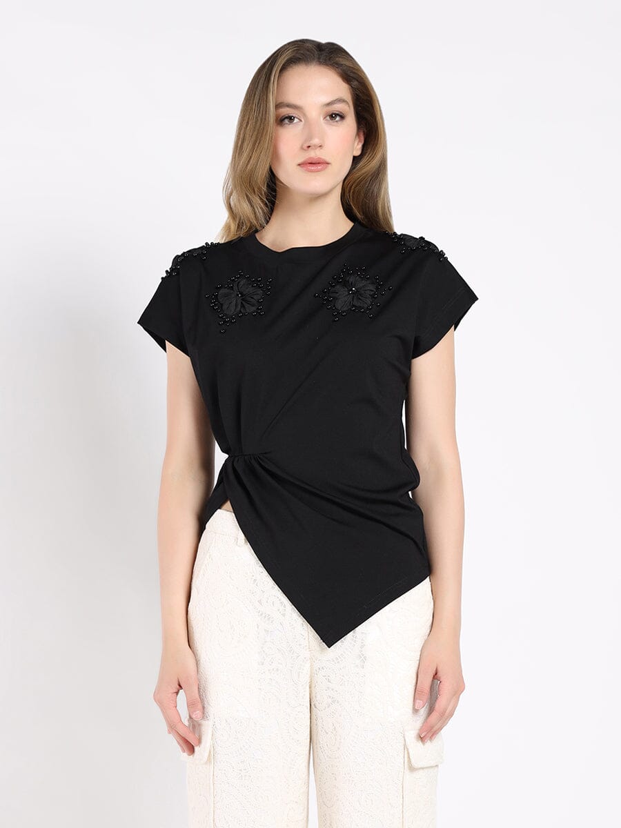 T-Shirt with Drape Front TOP Gracia Fashion BLACK S 