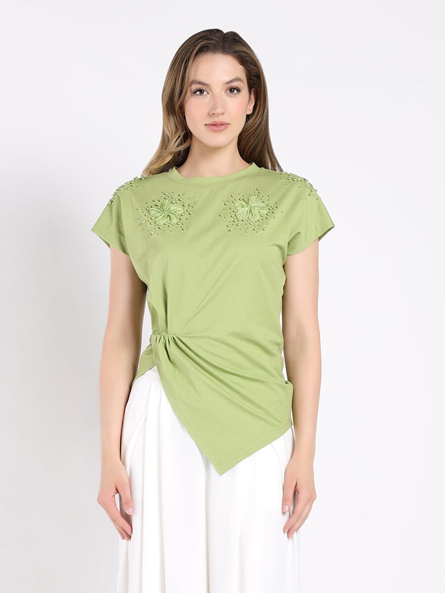 T-Shirt with Drape Front TOP Gracia Fashion SAGE S 